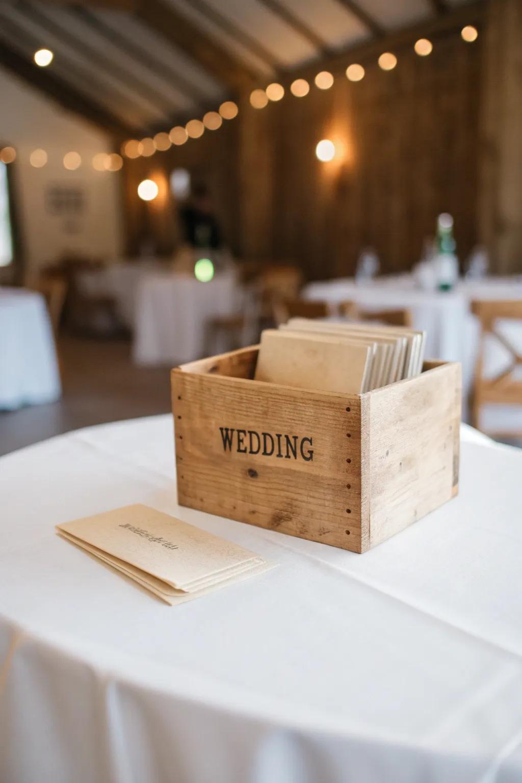 A DIY memory crate guests can stamp and fill with advice cards—rustic, personal, and reusable.