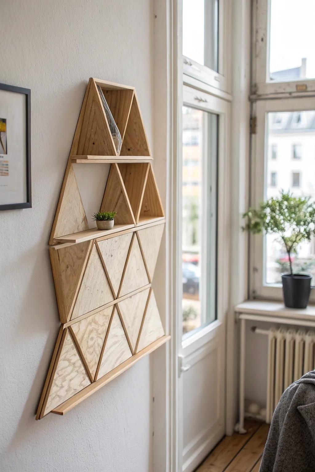 Art that unfolds into shelves—geometric plywood wall sculpture with a clean Scandi-boho vibe.