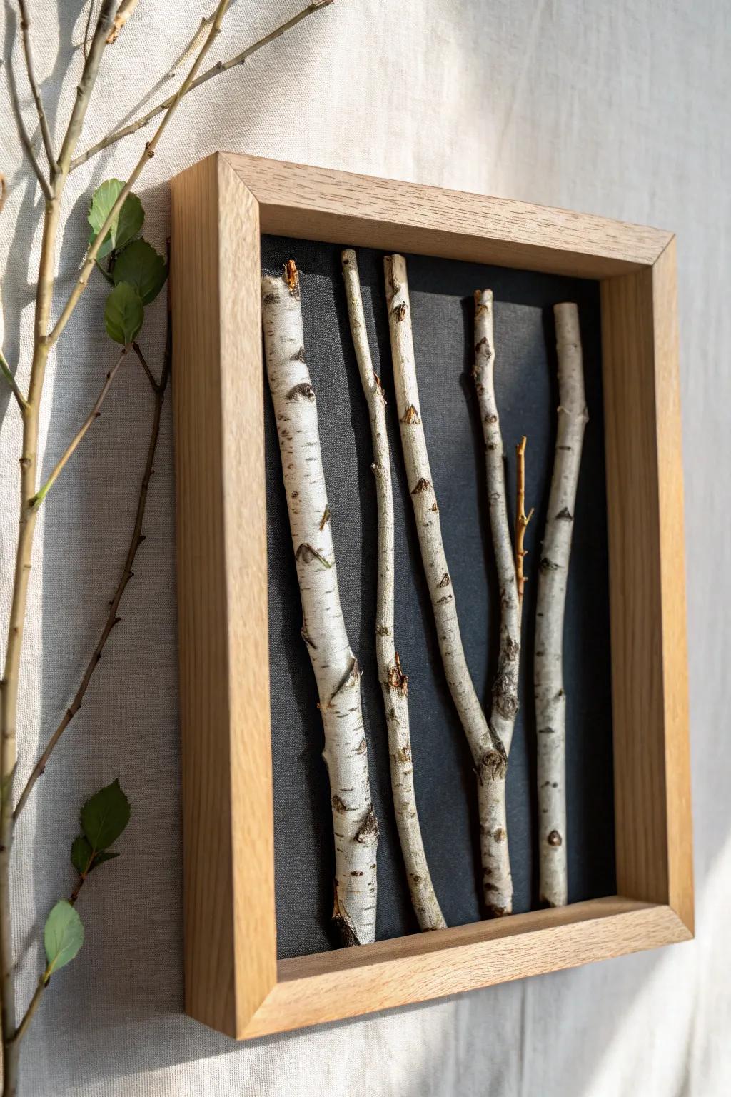 Birch branch shadowbox wall art—graphic white bark on dark backing for modern rustic contrast.