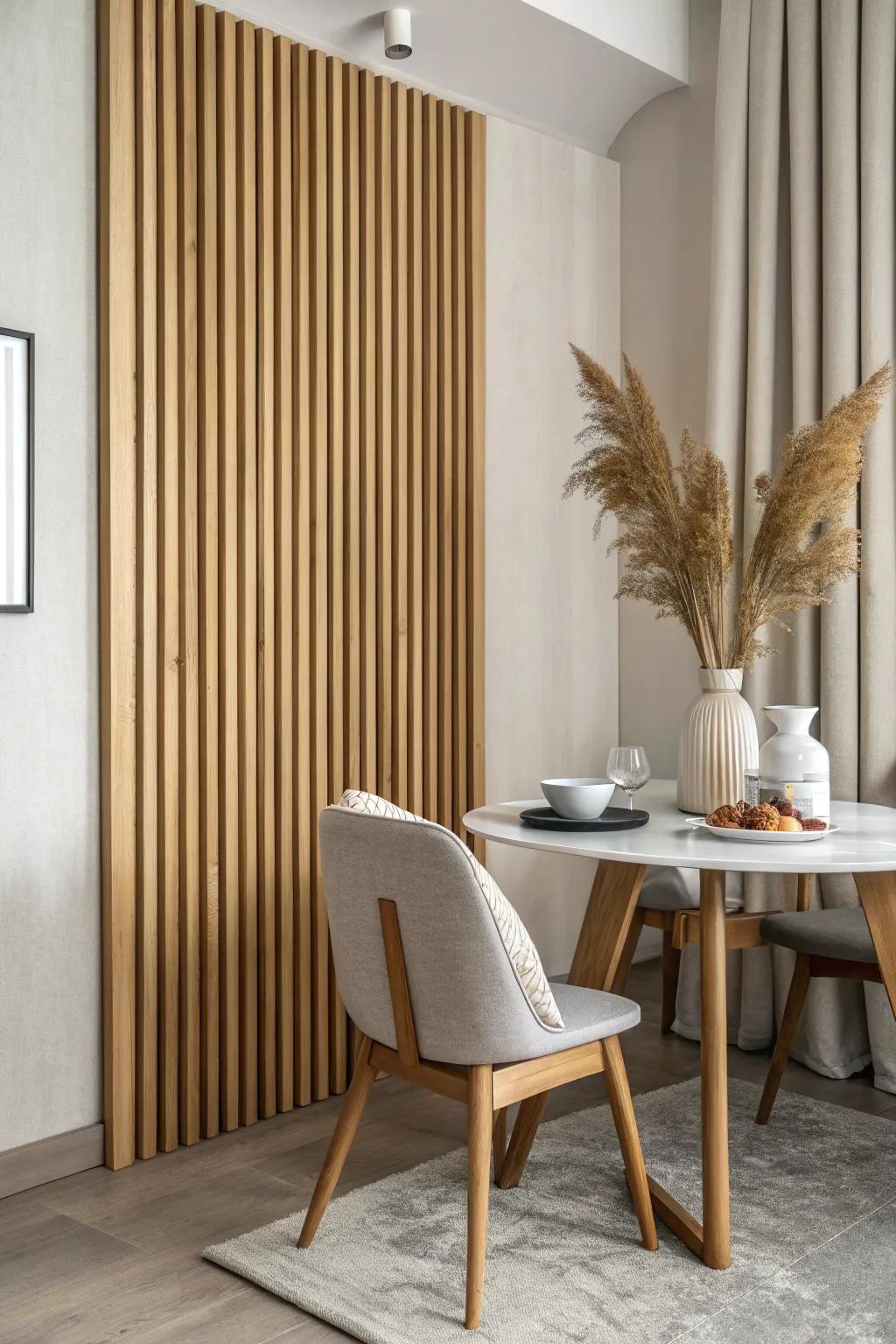 Sculptural oak slat wall adds Japandi calm and cozy acoustics behind the dining table.