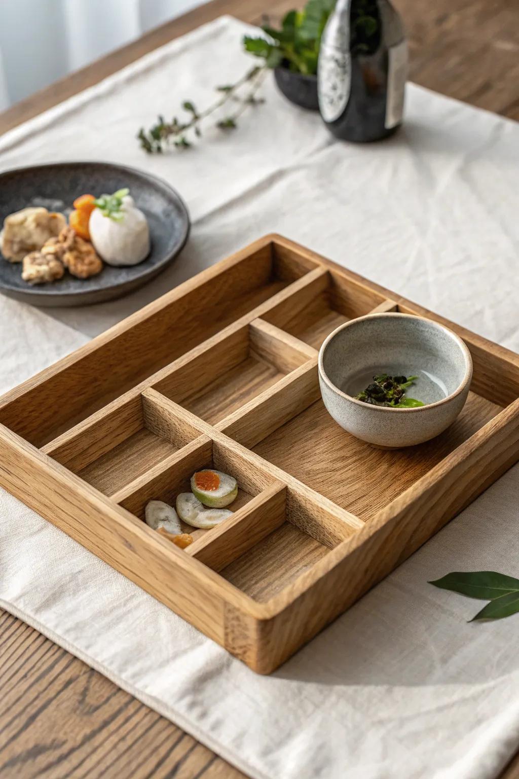 Handmade bento-style grid tray—thin wood dividers turn every bowl into its own little home.