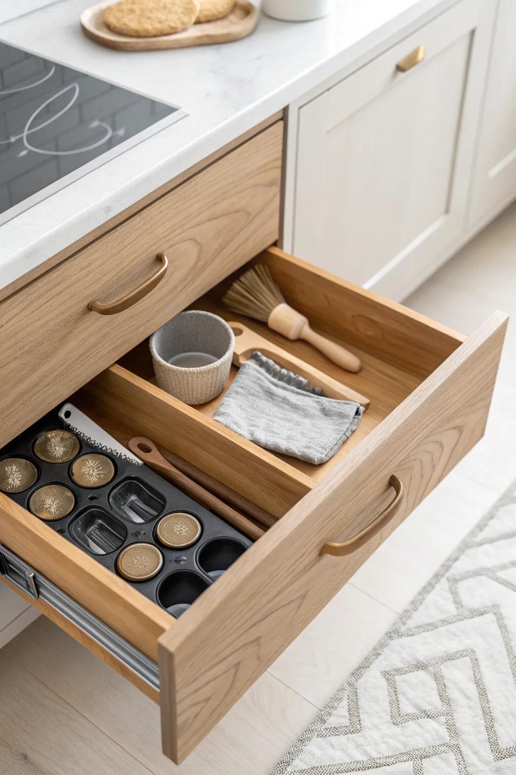 A secret toe-kick drawer keeps cookie cutters and piping tips tucked away—yet always within reach.