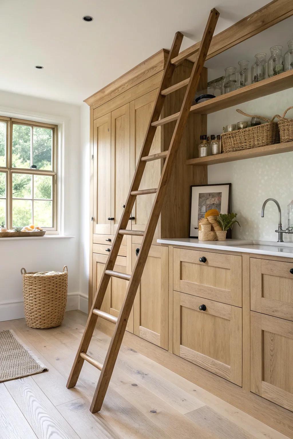 A timeless wood ladder rail that makes tall kitchen built-ins practical—and beautifully charming.