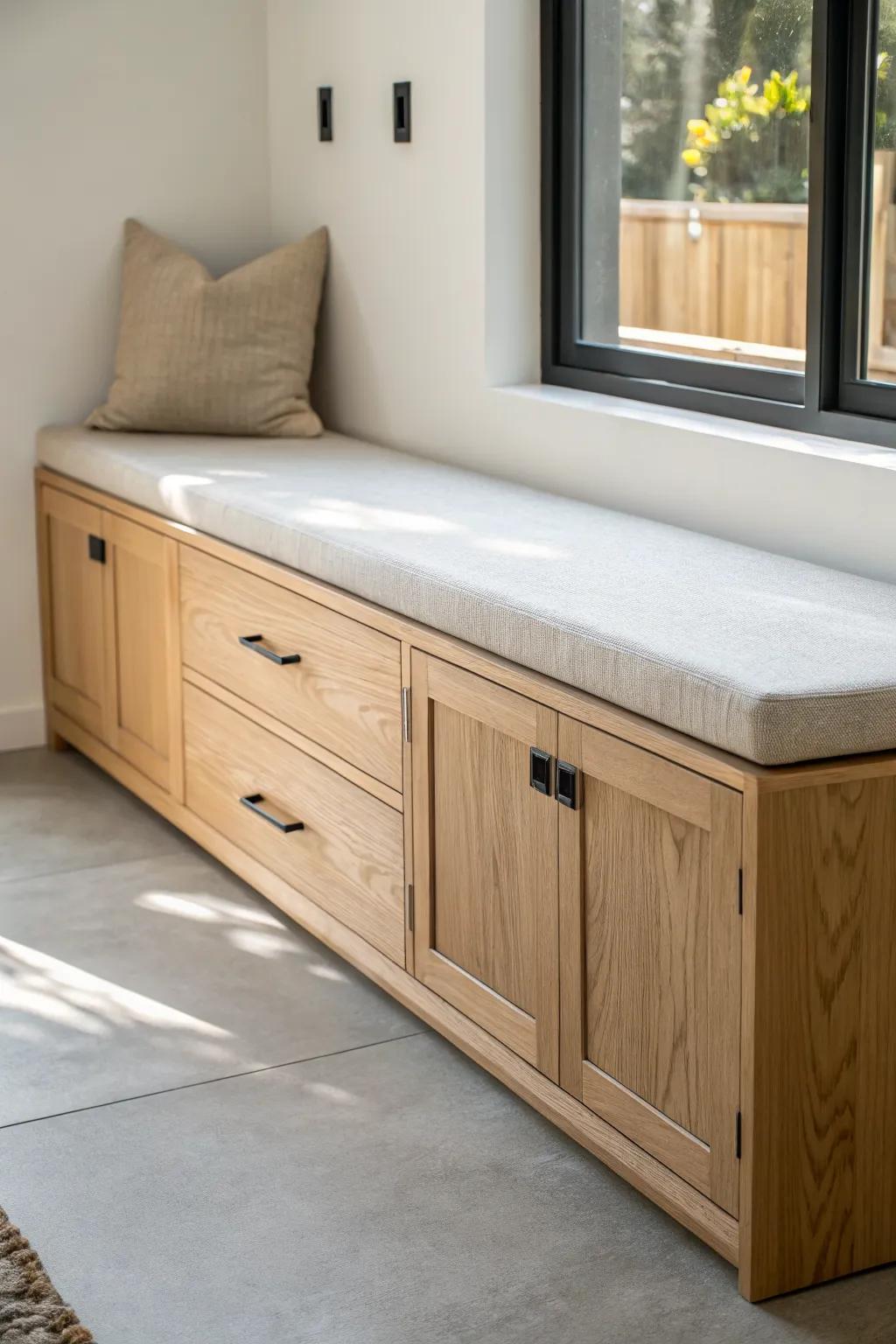 Small-space banquette base cabinets: cozy seating with hidden storage in a clean Scandinavian look.