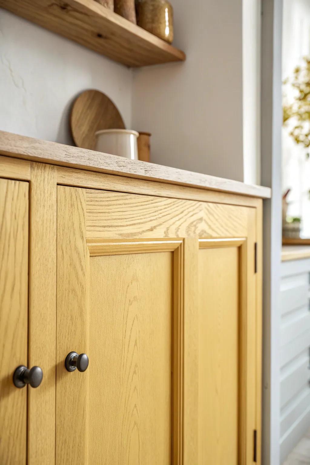 Butter-yellow cabinets paired with warm wood bring a sunlit glow to even the smallest kitchen.