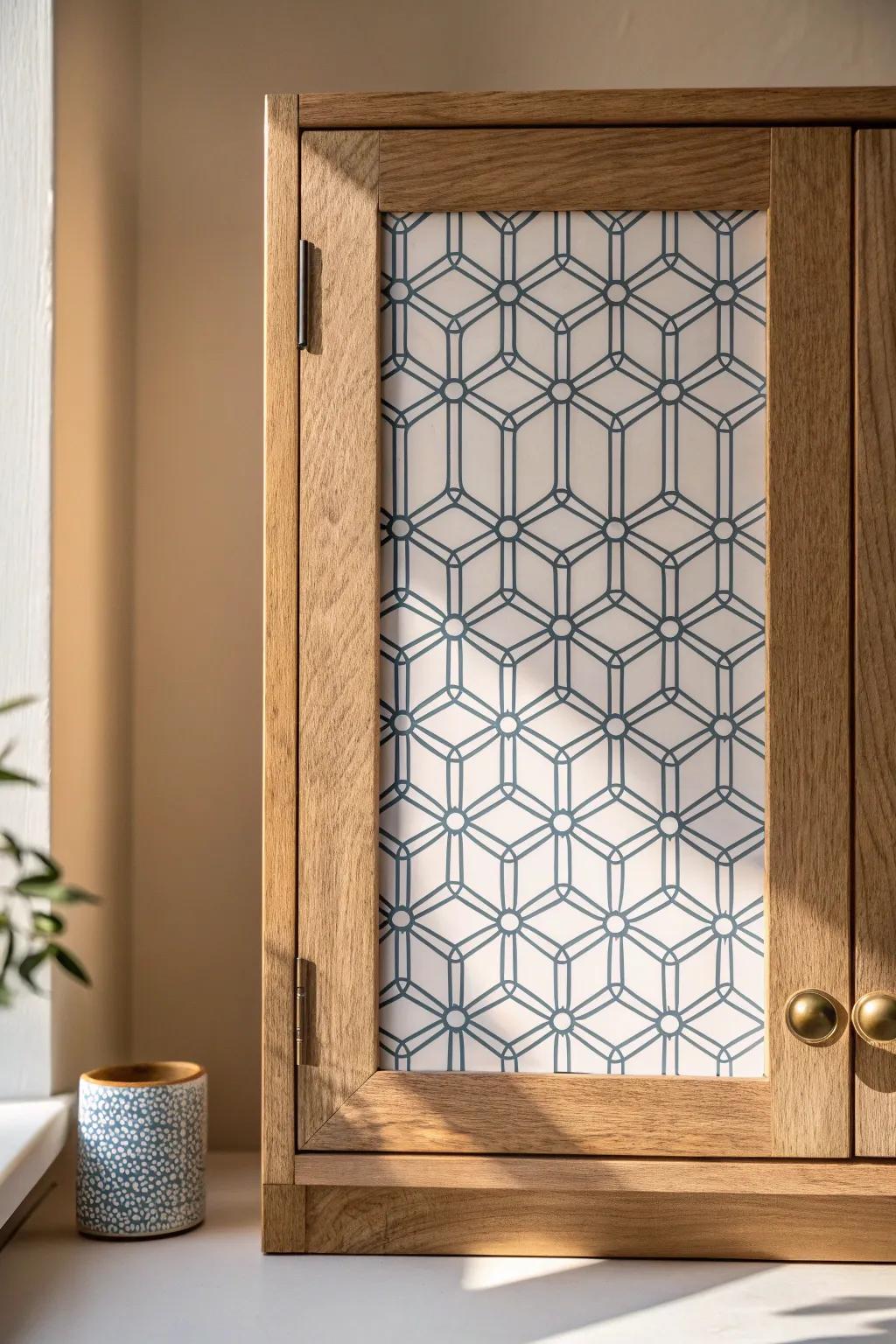 Hand-stenciled cabinet fronts: a minimalist off-white door with a bold charcoal pattern.
