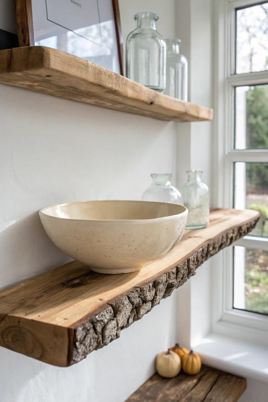 A live-edge shelf + one bold bowl = instant wow—let the grain do the talking.