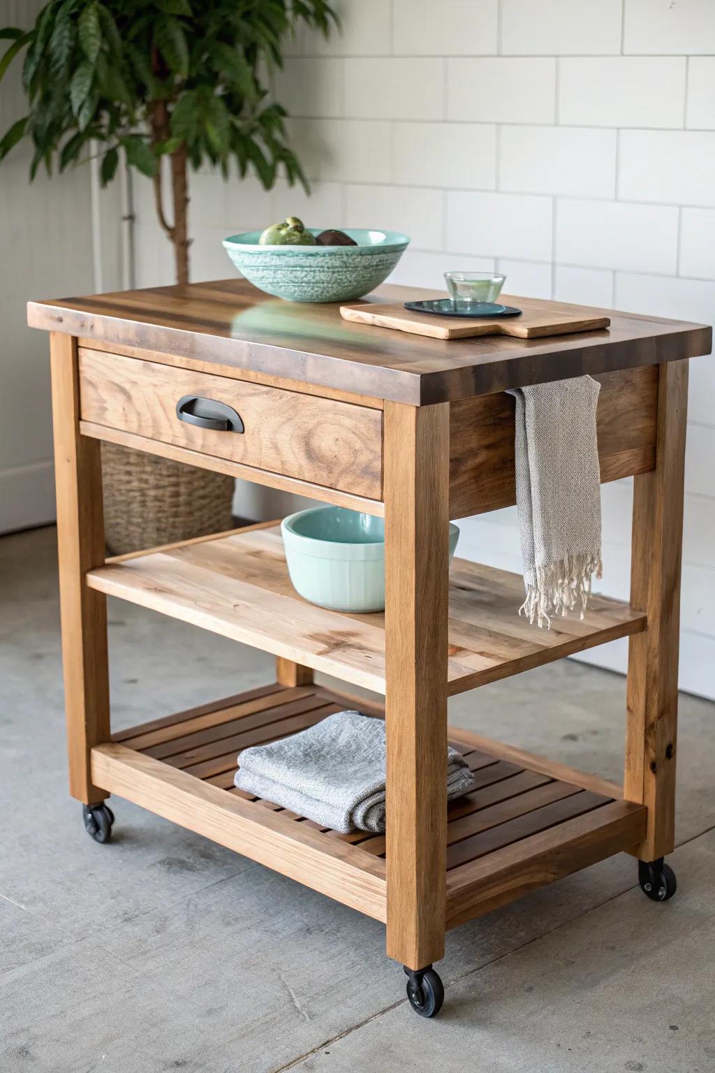 A rolling kitchen island with a subtle resin “river” top—minimal base, major wow factor.