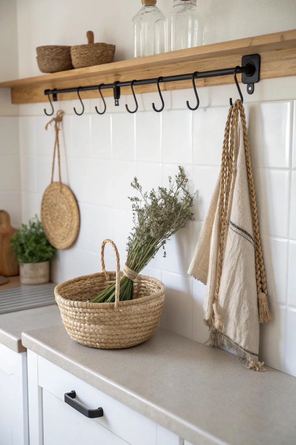 A slim wood rail for drying herbs—beautiful wall storage that adds rustic kitchen charm.