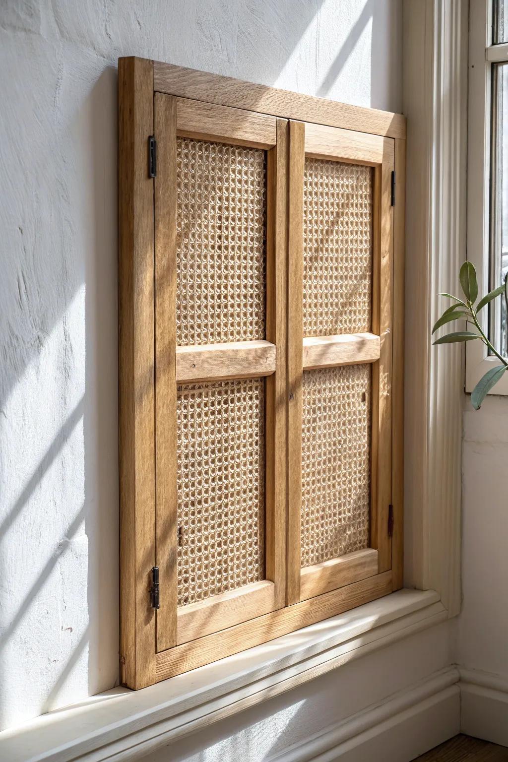 Woven rattan inserts soften kitchen light—minimal oak shutters with cozy, crafted texture.
