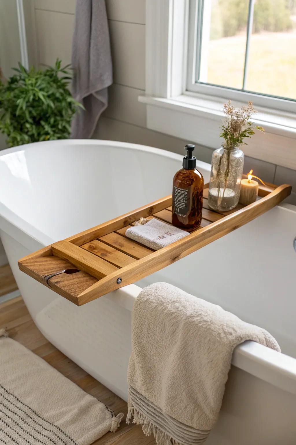 A knotty pine tub tray that adds instant spa warmth—simple, minimal, and beautifully handmade.