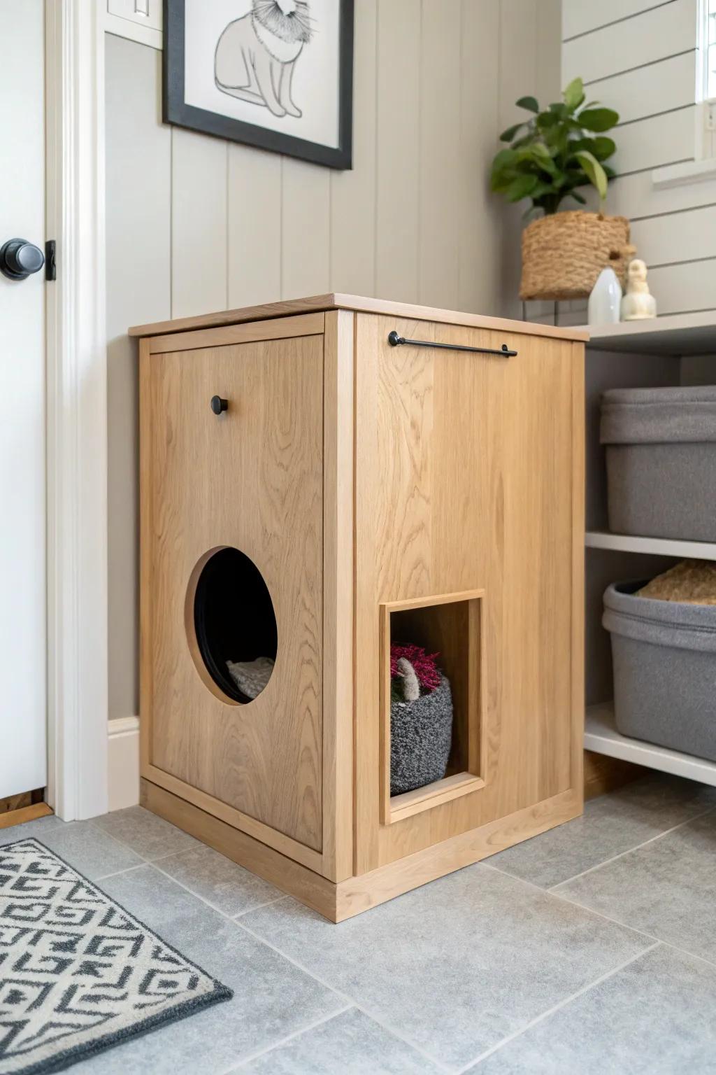 Sleek oak mudroom cabinet hides the litter box at the short end—clean, calm, and cat-friendly.