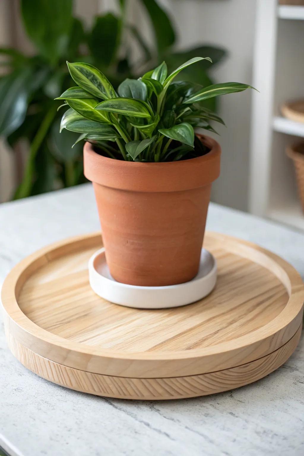 A minimalist plant lazy Susan with a hidden drip tray—rotate for light, water without mess.