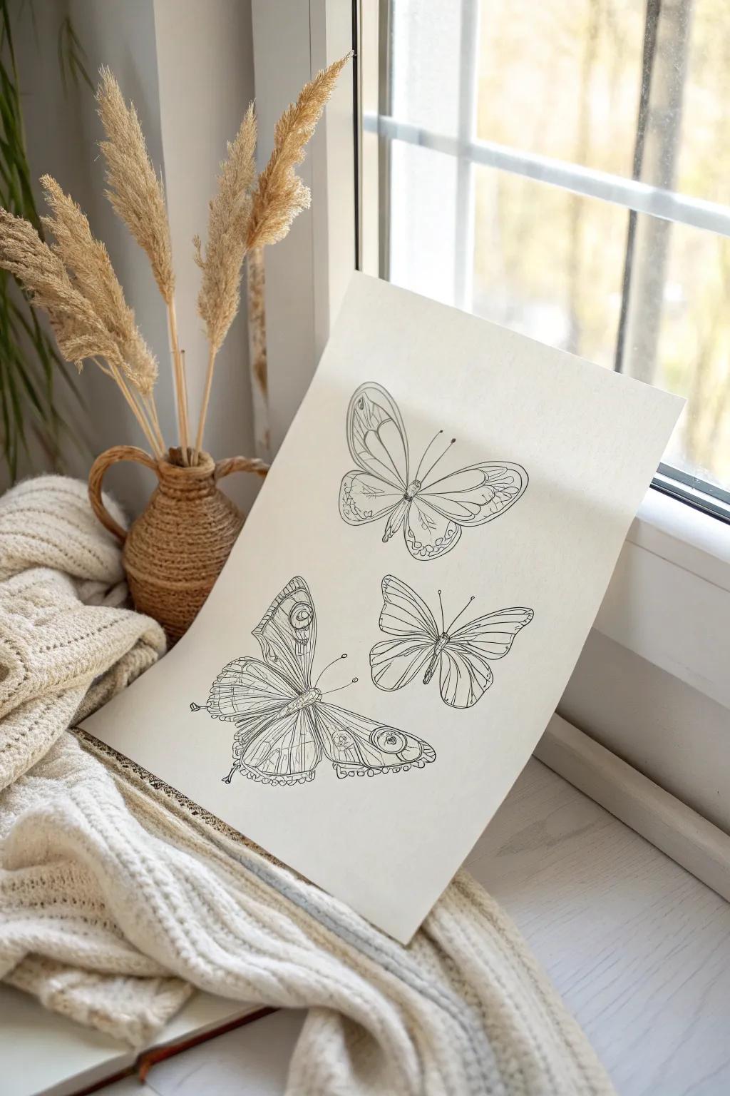 Experience the grace of transformation with ethereal butterfly line art, where simplicity meets natural beauty.