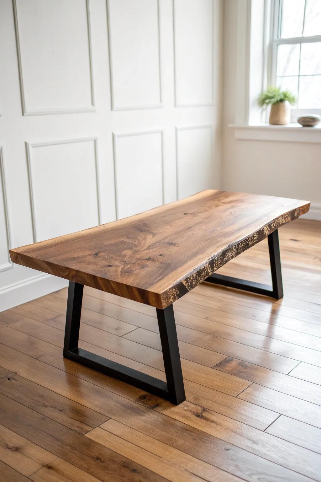 Inky charred base meets a warm live edge top—minimal, dramatic contrast with natural beauty.
