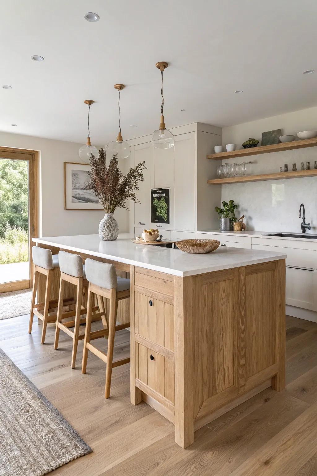 A softly angled oak island breaks the long-kitchen runway and adds instant designer flow.