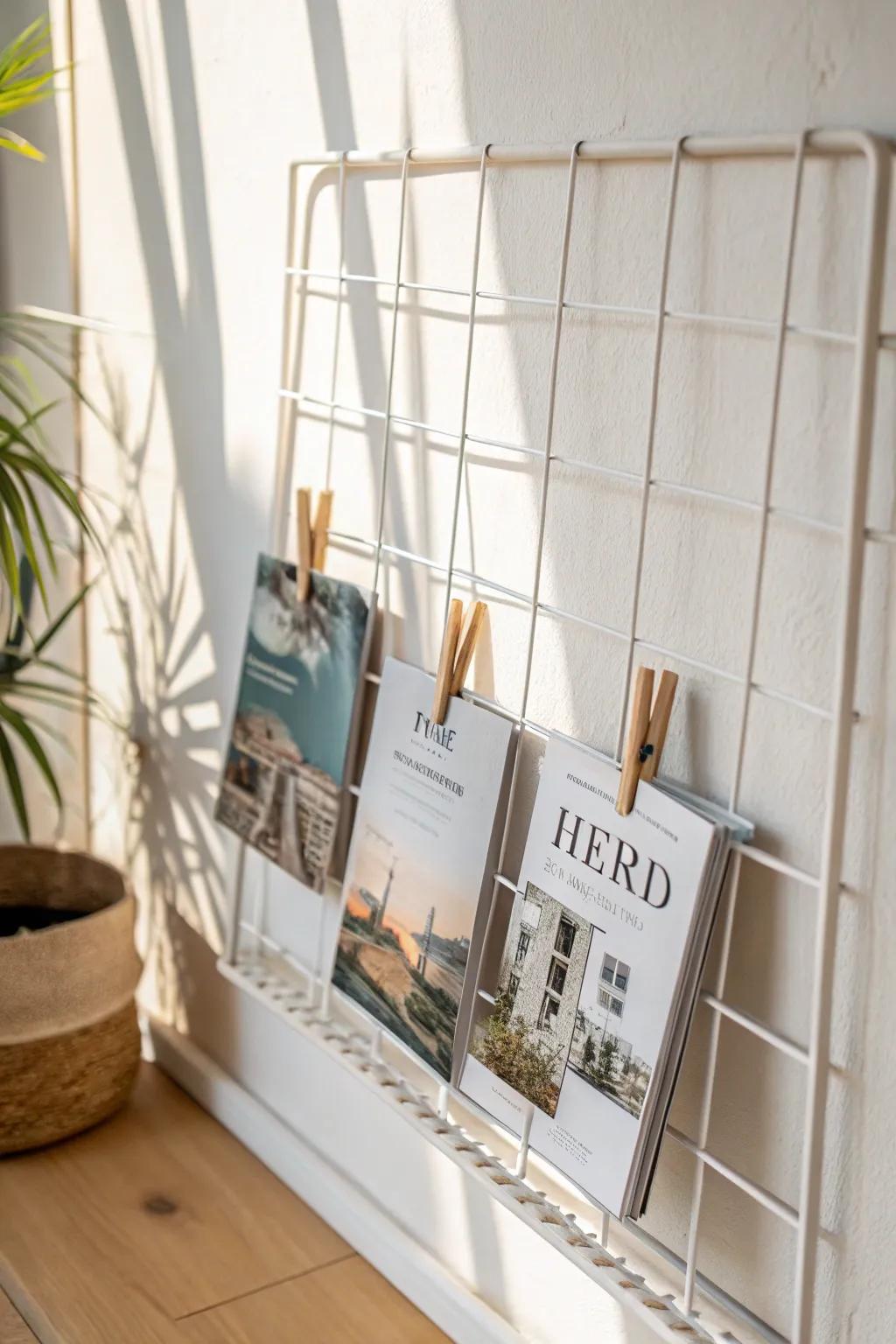 Turn magazine covers into a rotating mini gallery with a wire grid and wood clips.