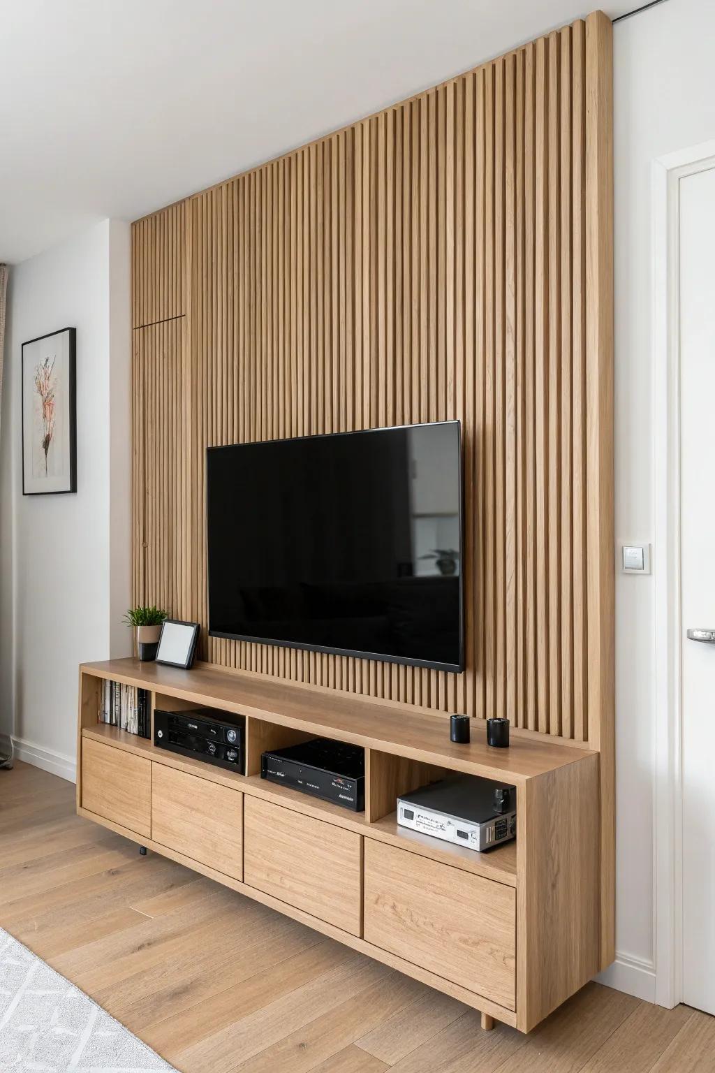 Minimalist TV wall with a hidden flip-down compartment—warm wood, zero handles, so slick.