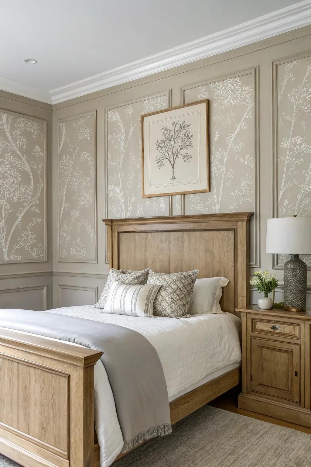 Wallpaper inside molding frames adds pattern and polish—designer paneling without overpowering.