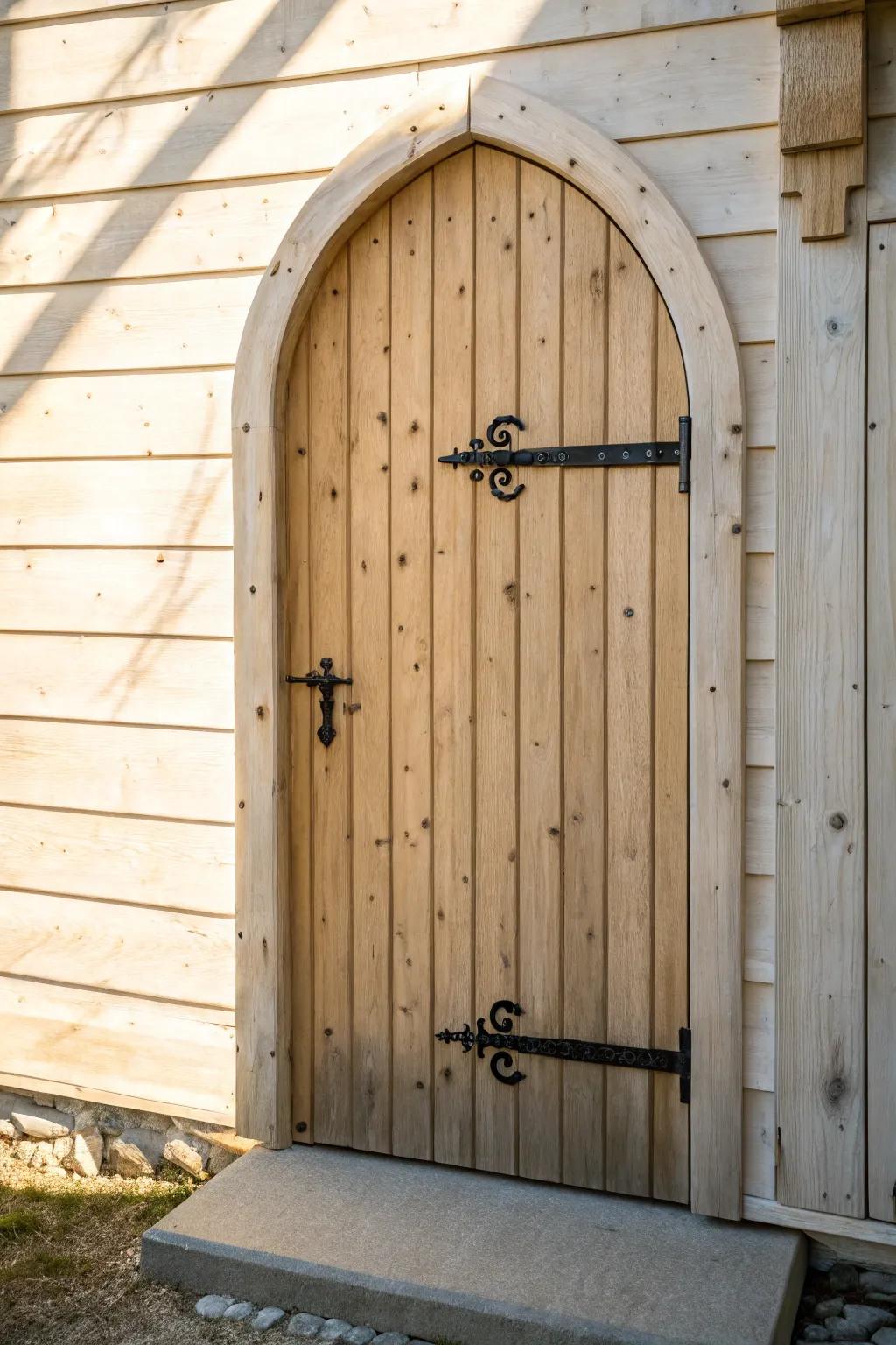 A hidden “castle passage” cabinet door—oak planks and iron pull for secret medieval charm.