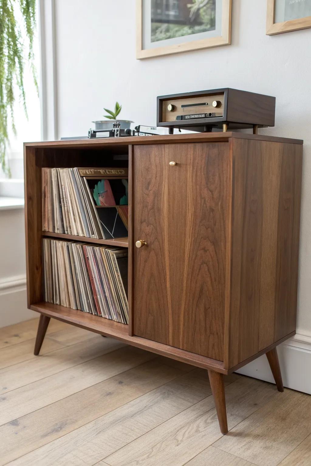 A slim built-in record slot turns a walnut coffee bar into a retro morning ritual.