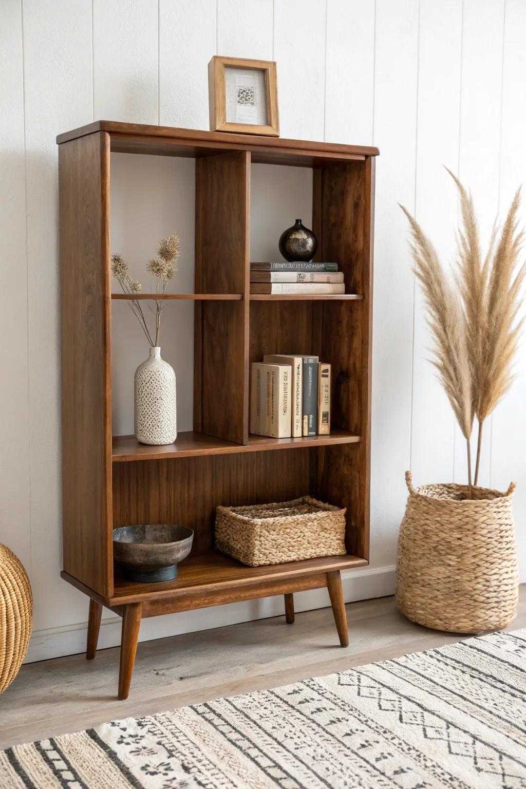 A low open-shelf divider defines a mid-century entry without blocking light—warm wood, clean lines.