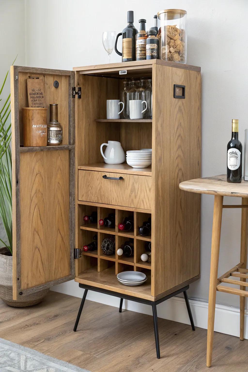A chic wood mini bar that switches from morning coffee to evening cocktails effortlessly.