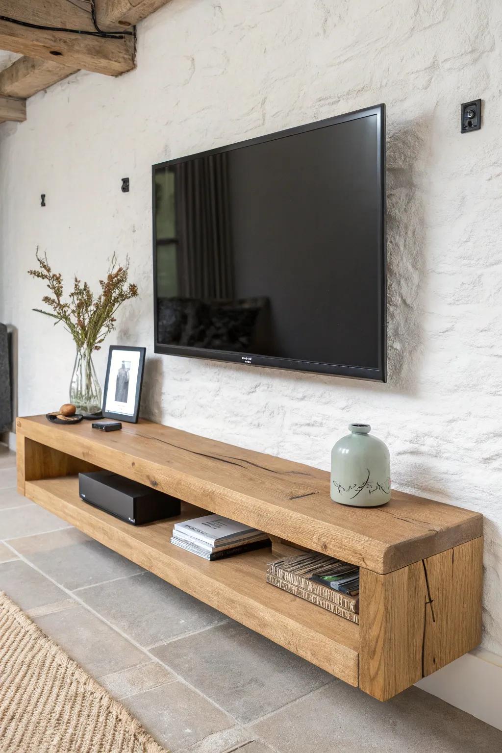 A chunky floating oak beam shelf makes the cleanest wall-mounted TV stand—simple and warm.