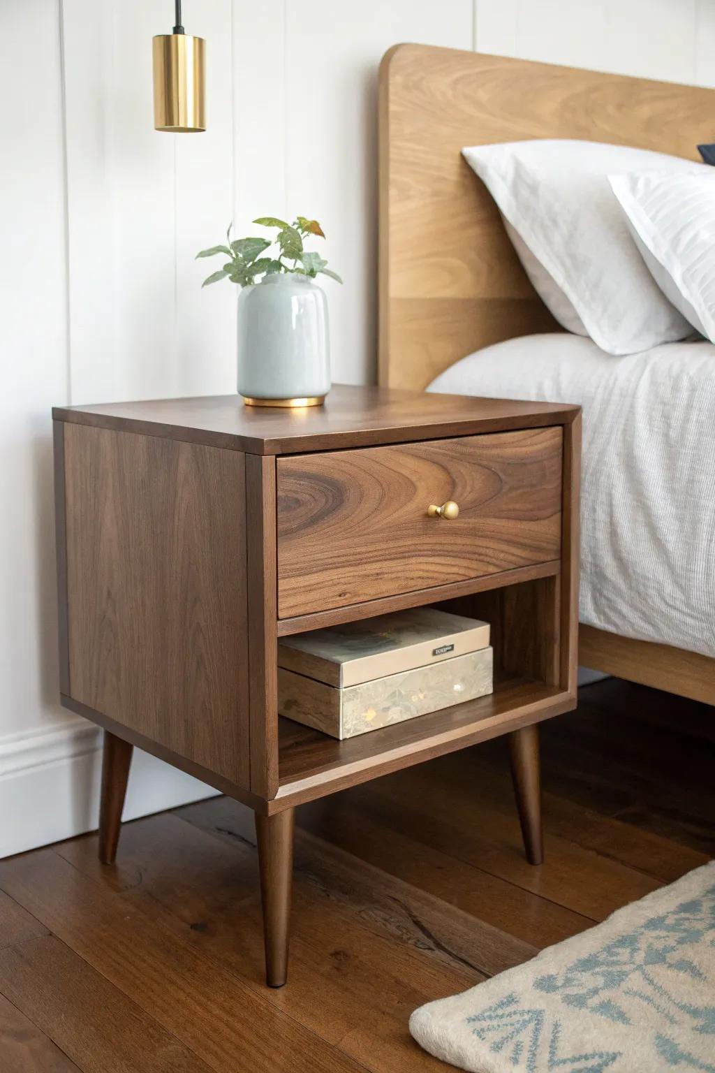 Walnut nightstand with subtle resin inlay and brass pull—perfect beside a plain wood mate.