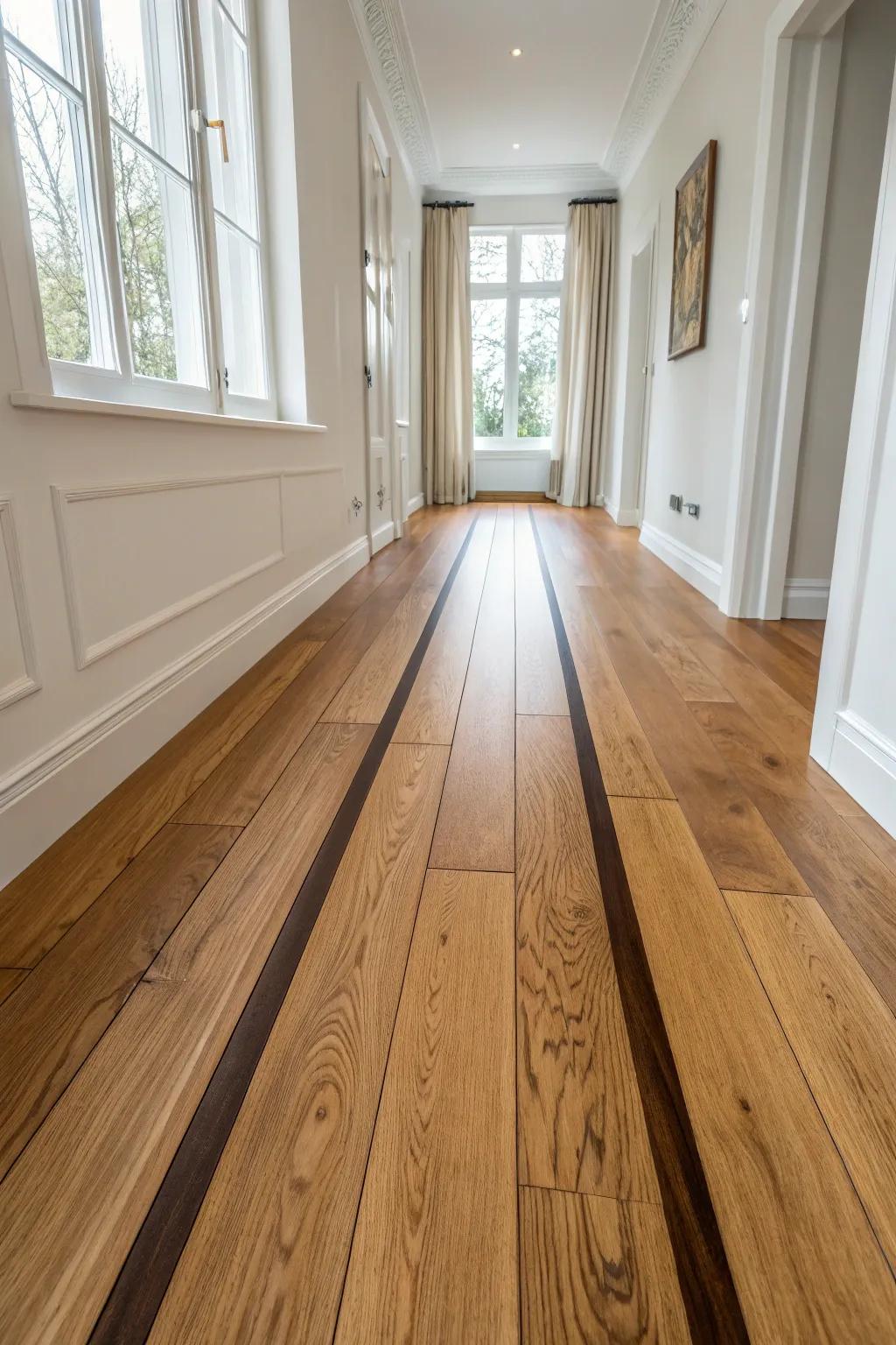 A contrasting walnut runner inlay adds a refined walkway and architectural calm.