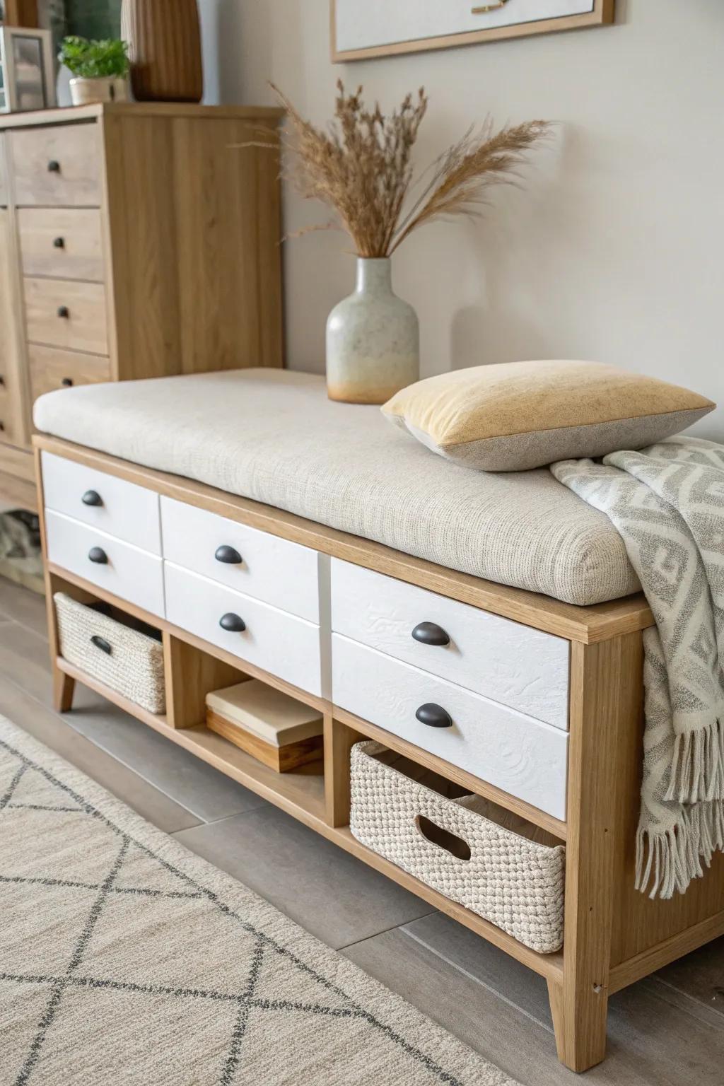 Upcycled dresser drawers become a sleek bench base—smooth, cohesive finish for modern charm.