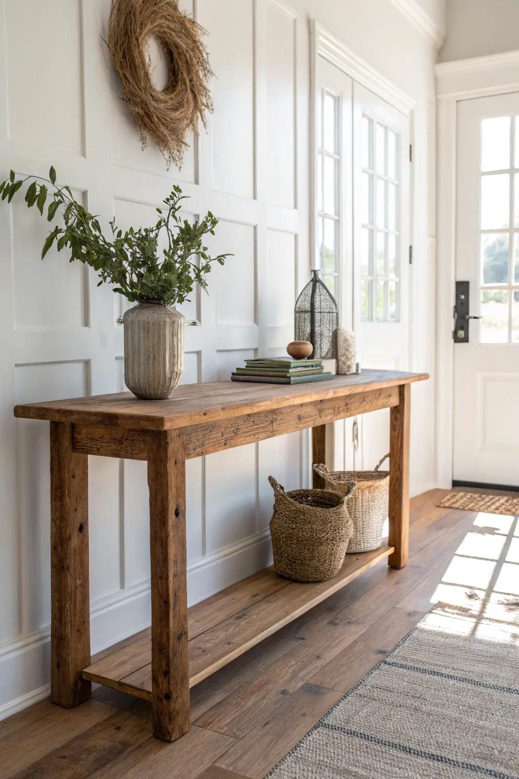 Reclaimed door becomes a modern foyer community table—minimal, soulful, and beautifully made.