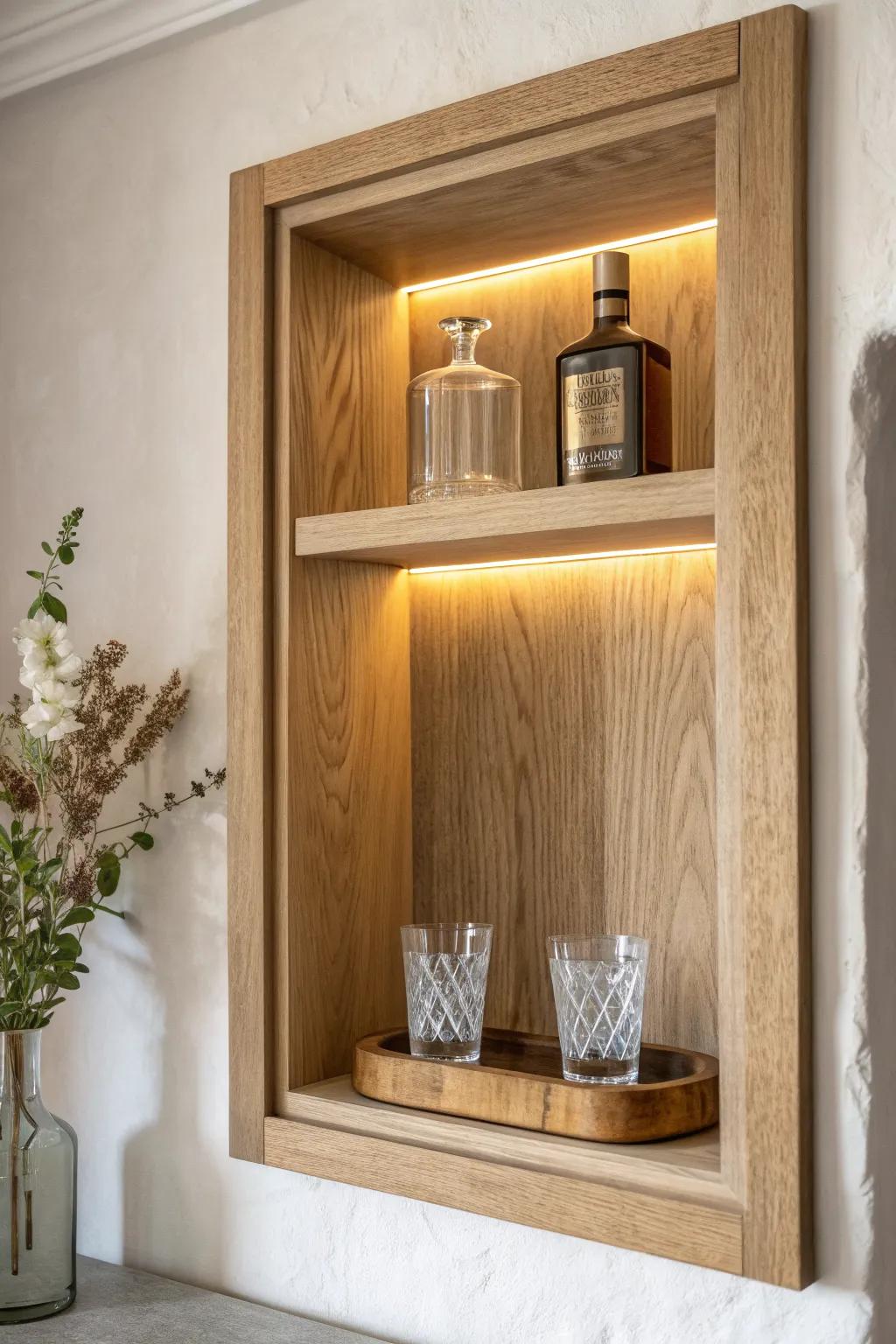 Warm backlit oak shelves turn a tucked-in mini bar niche into a modern classic statement.