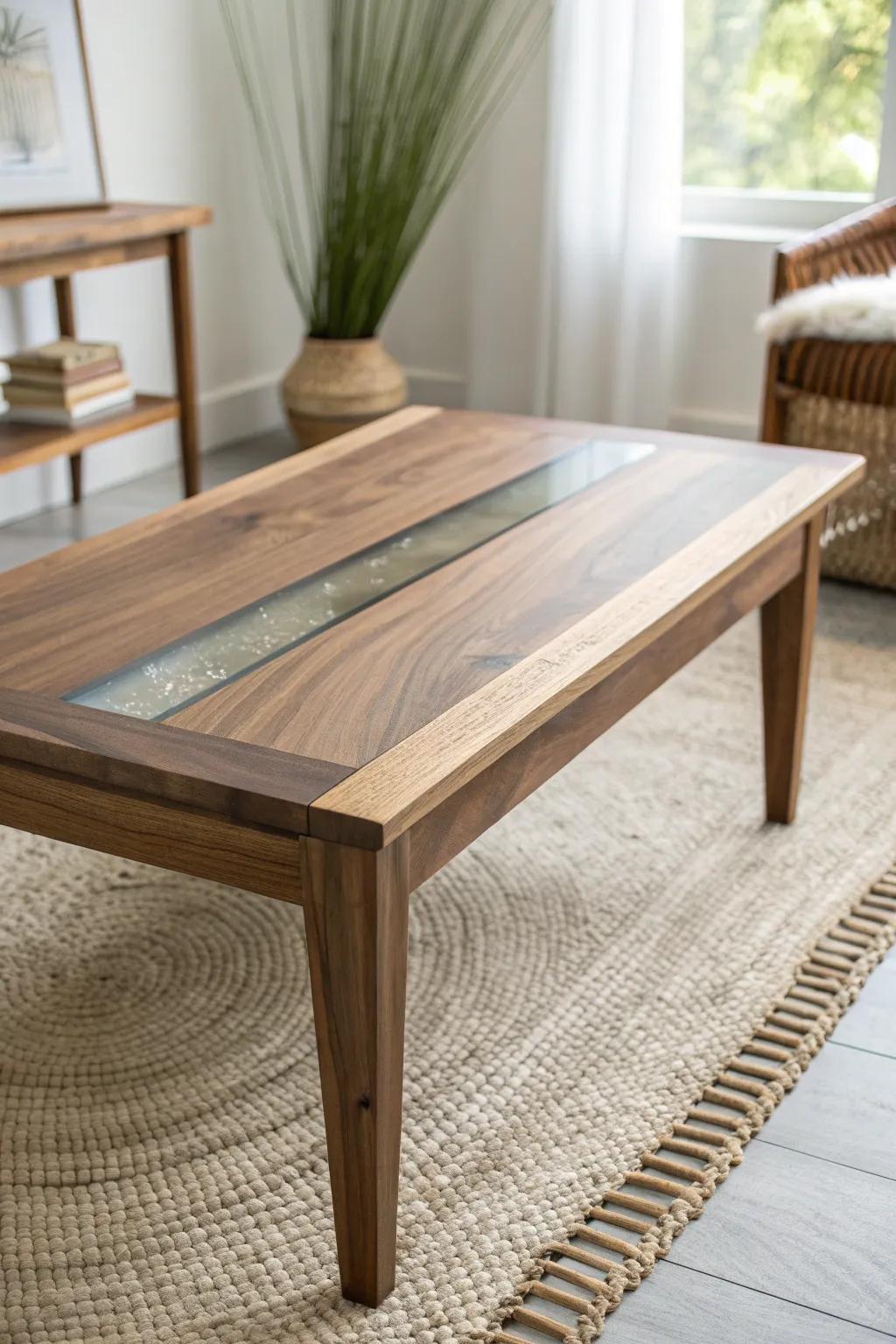 A modern walnut coffee table with a subtle smoky resin river strip—quiet wow, clean lines.