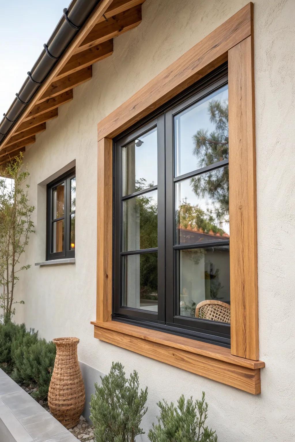 Oversized wood trim turns a simple modern window into a bold, graphic statement frame.