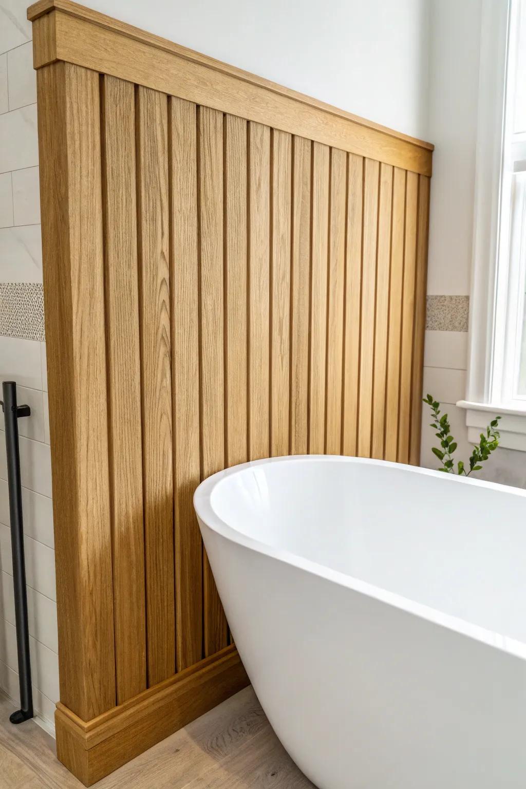 Fluted oak accent wall adds modern shadow lines and warm farmhouse texture behind the bath.