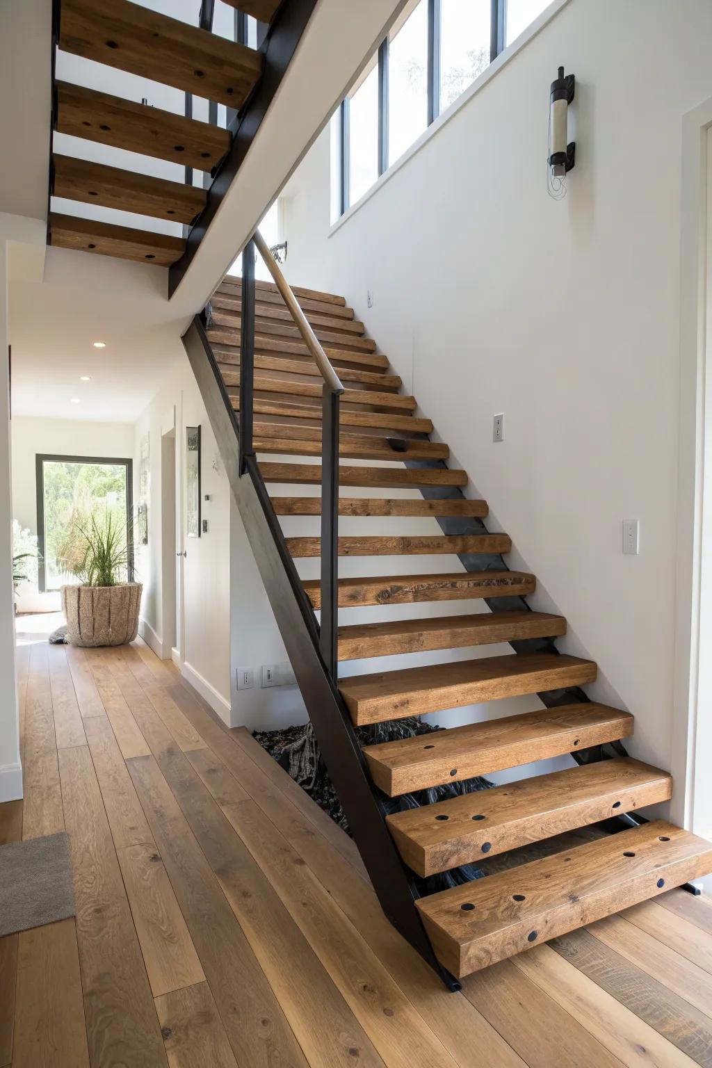Reclaimed wood treads + slim black steel = floating stairs with modern lines and timeless soul.