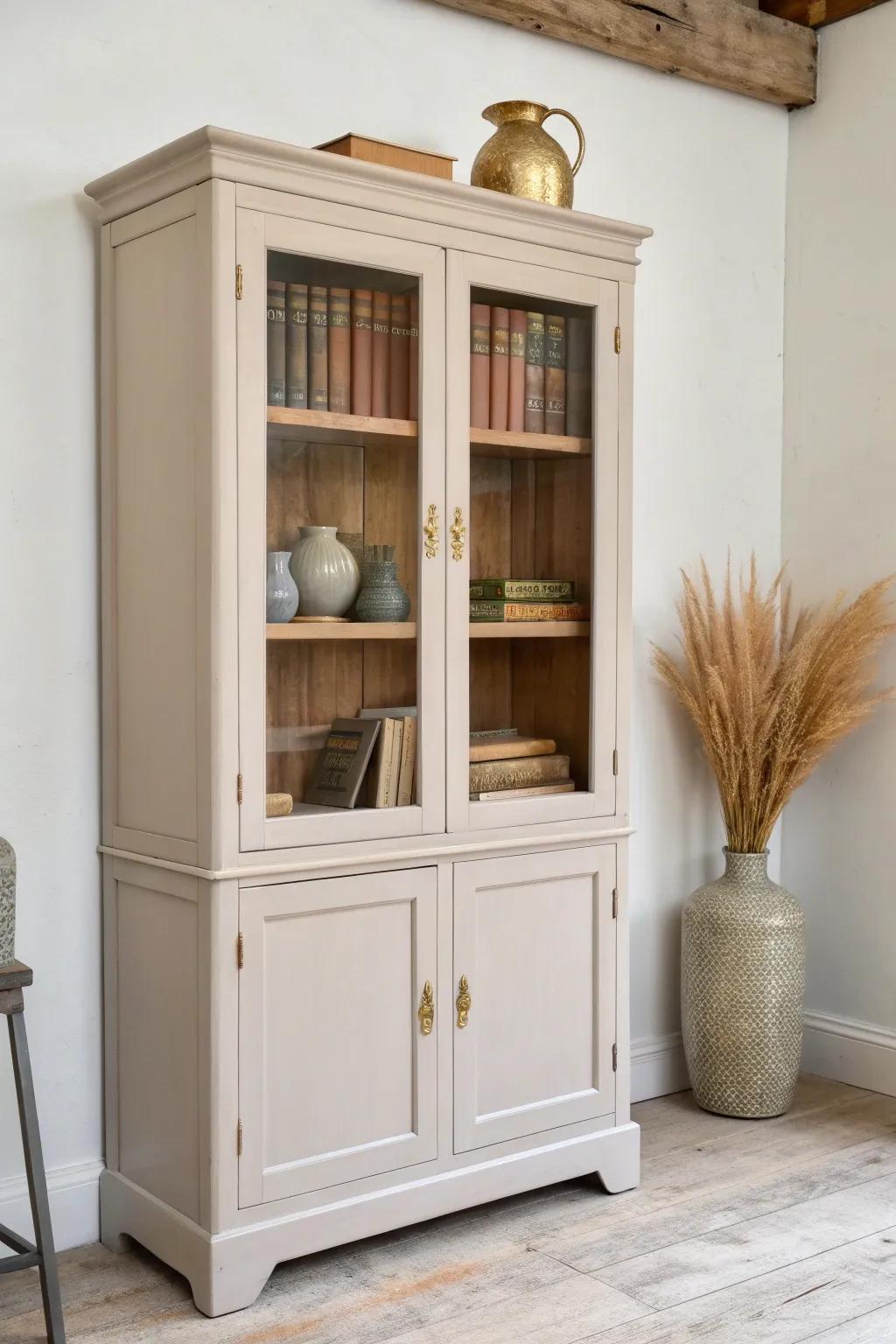 A thrifted cabinet, reborn as a sleek mini library with reclaimed shelves and adjustable pins.
