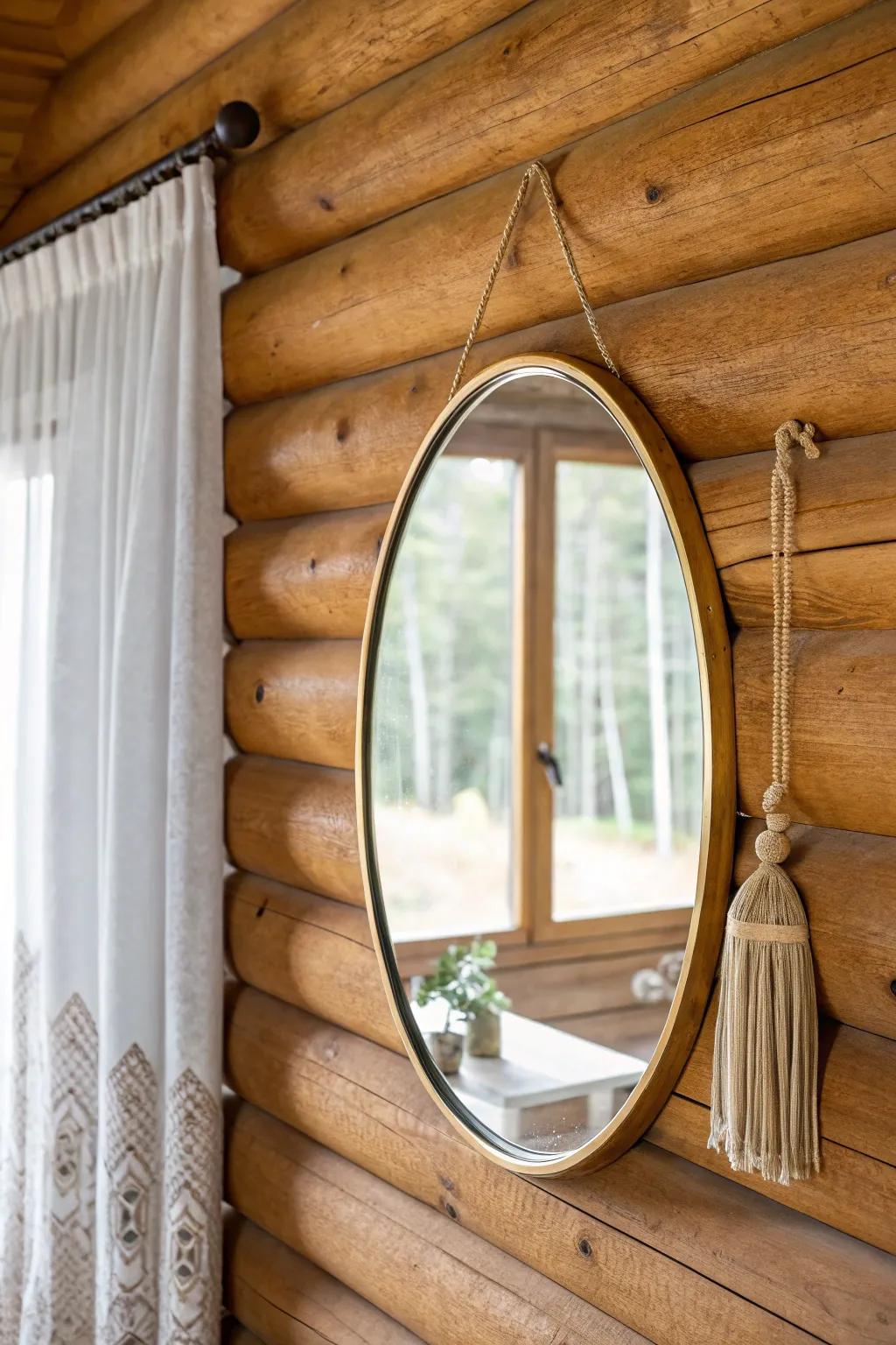 Oversized round mirror on a log wall, bouncing window light to brighten a modern cabin corner.