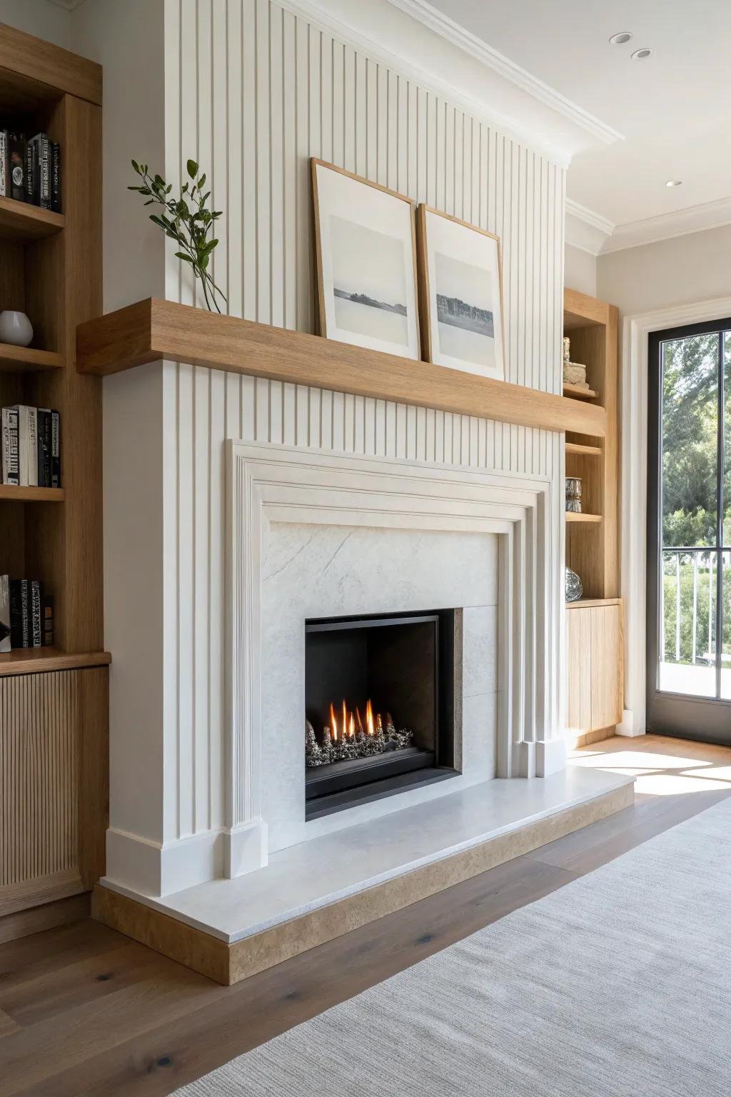 Ribbed plaster + light oak mantel: a modern luxe fireplace that feels custom and calm.