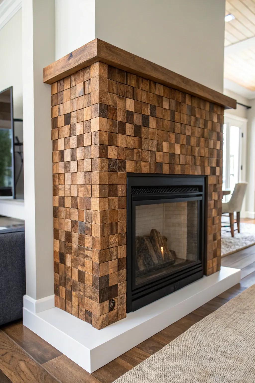 End-grain wood tile adds a butcher-block mosaic texture to a clean, modern rustic fireplace.