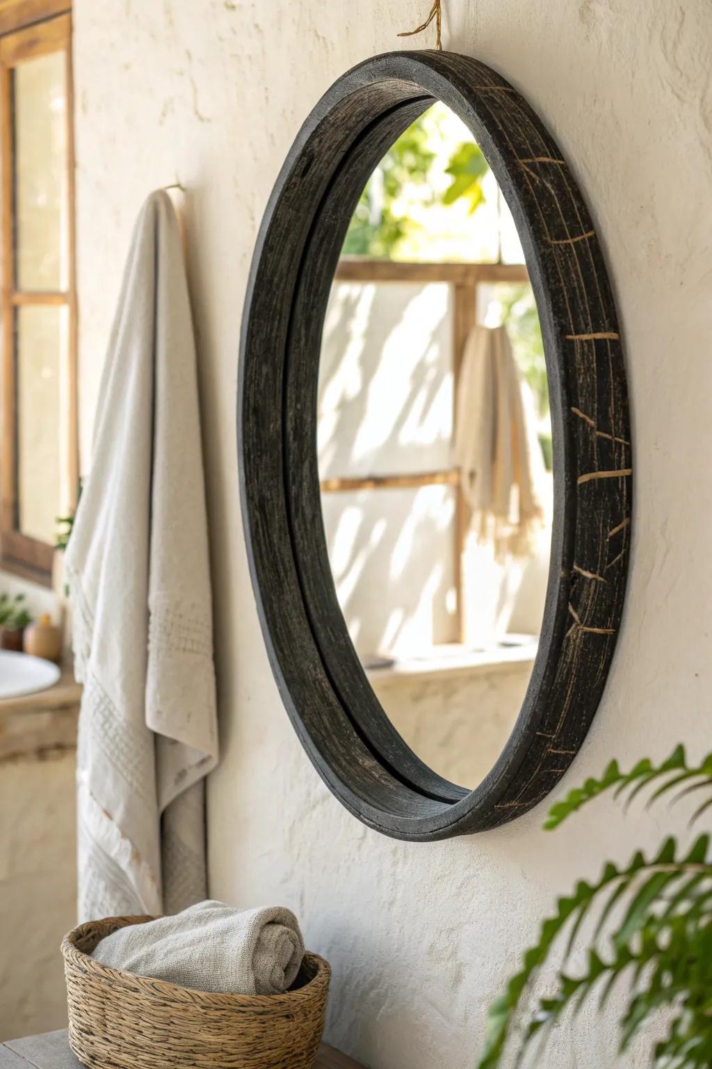 Charred wood mirror on creamy plaster—modern Tuscan contrast with quiet, handmade warmth.