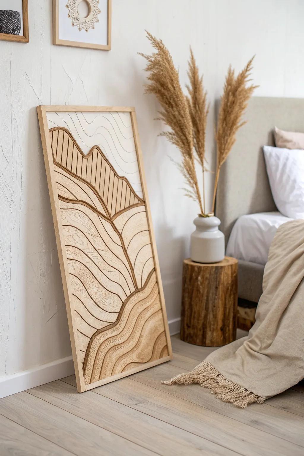 Layered birch topographic inlay brings quiet mountain magic to a minimalist bedroom wall.
