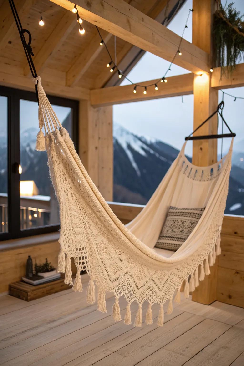 Turn the loft into a cozy stargazing nook with a handcrafted hammock-net lounge.