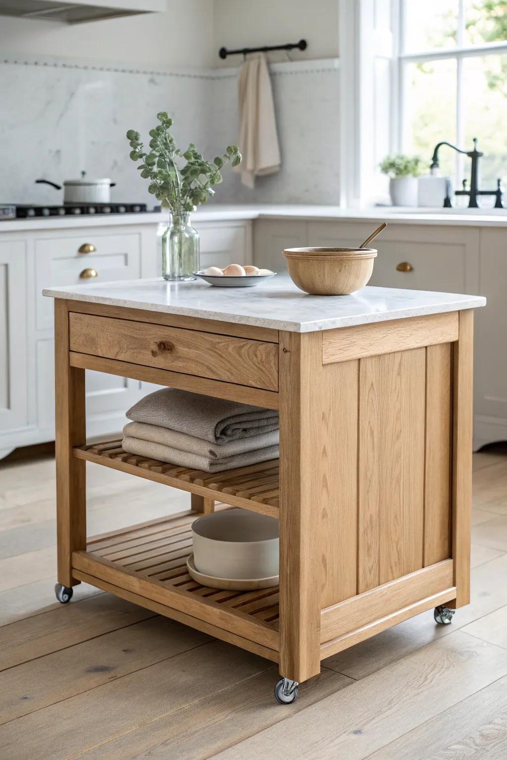 A rolling kitchen island with a built-in pet nook—warm oak, clean lines, cozy vibes.