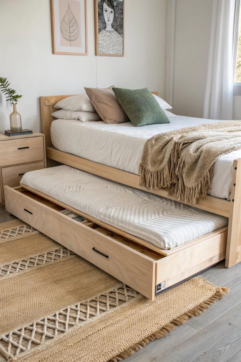 Scandi plywood platform stage with two pull-out beds—clever, cozy, and beautifully handcrafted.