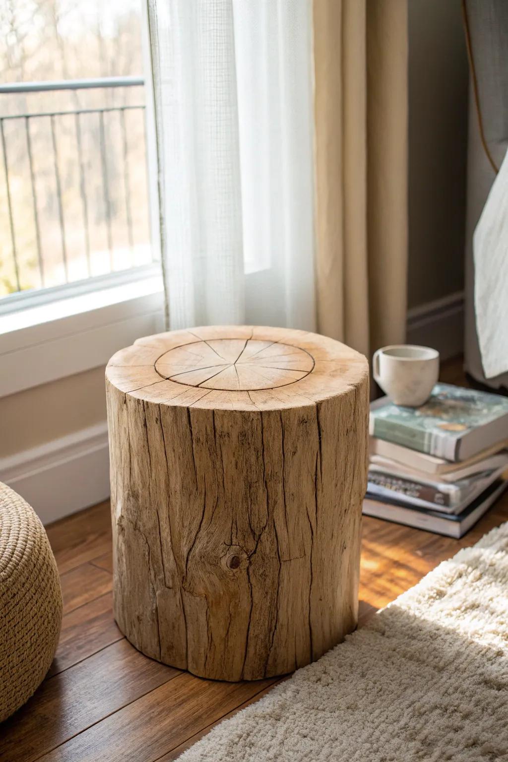 Bring the forest indoors: a sealed wood stump side table with show-stopping tree rings.
