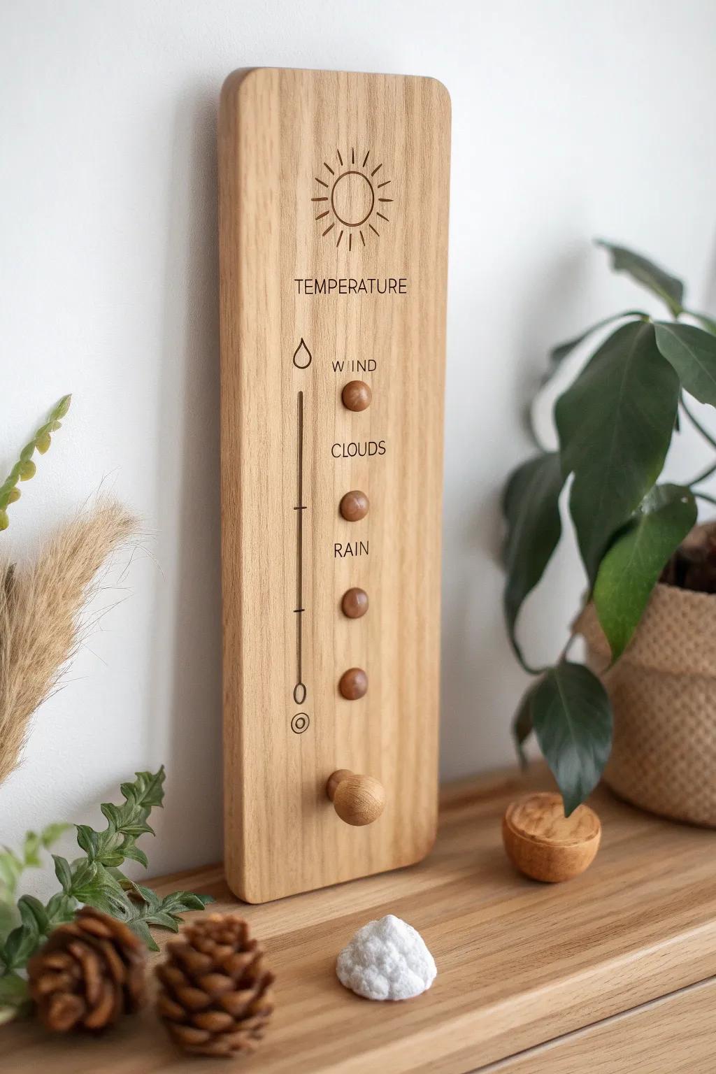 A sweet wooden weather station board that turns daily forecasts into a calming nature ritual.