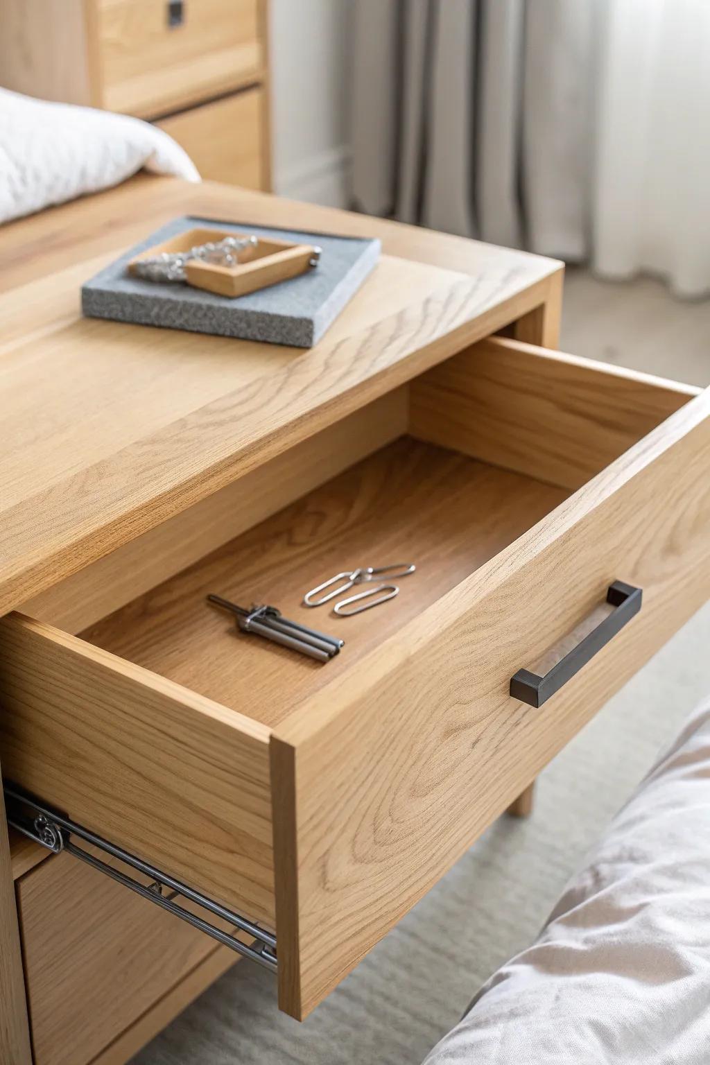 A magnetic strip inside the drawer keeps bobby pins and clippers perfectly in place.