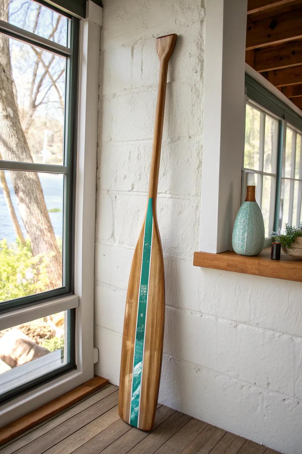Reclaimed wood oar wall art with a shimmering resin 